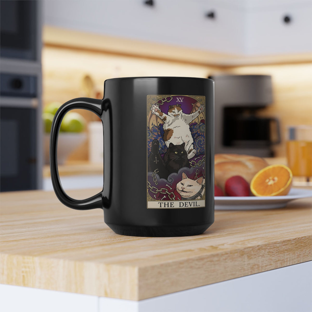 The Devil Cats Tarot Black Mug — Mystical Cat Tarot Illustration