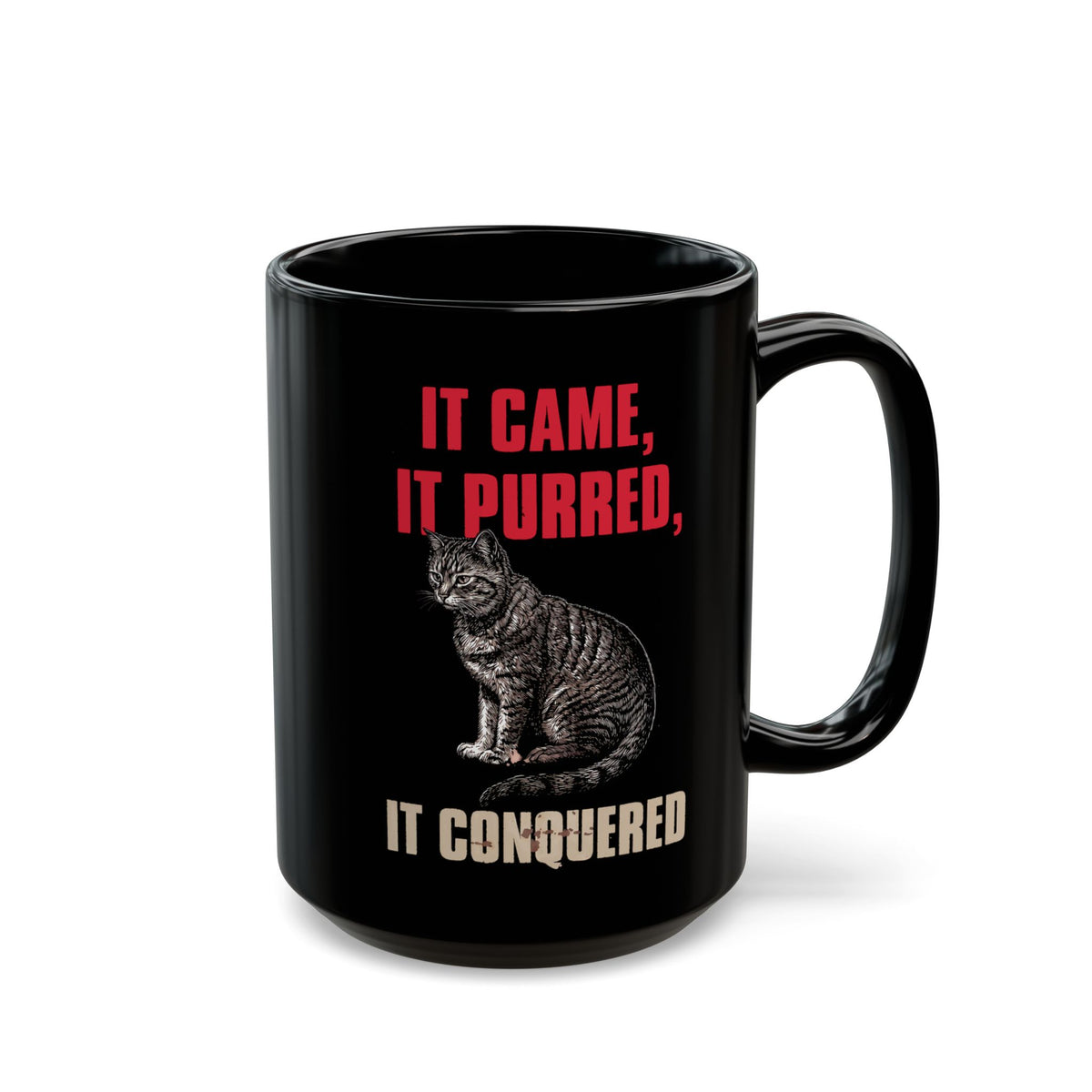 It Came It Purred It Conquered Black Mug — Funny Julius Caesar Cat Parody Mug