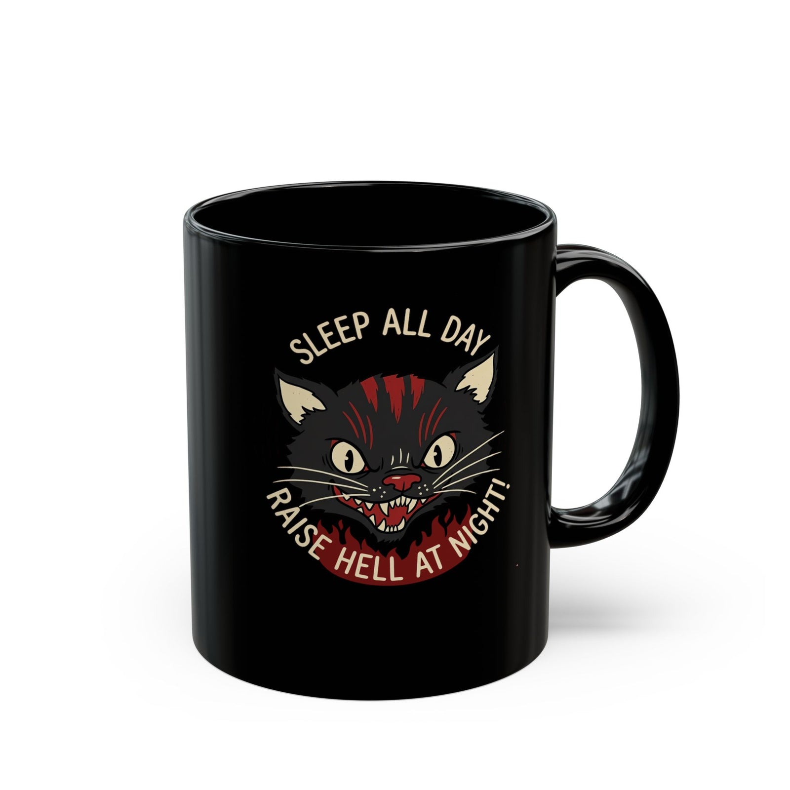Funny Cat 'Sleep All Day, Raise Hell At Night' Black Mug