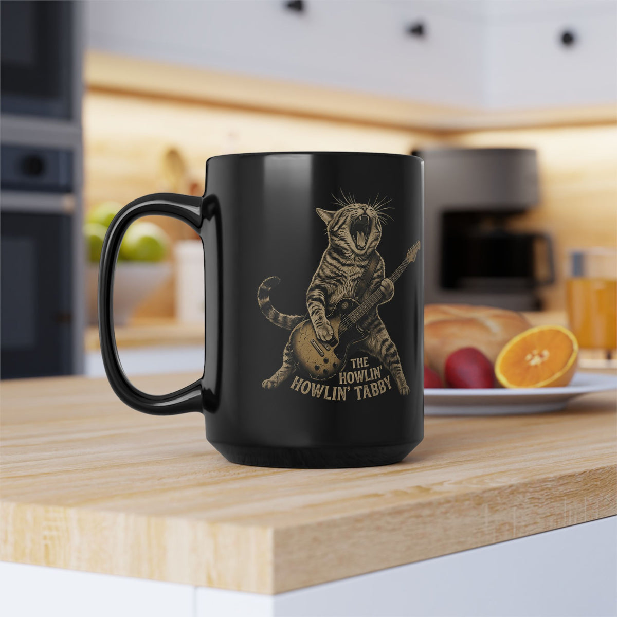 Howlin' Howlin' Tabby Black Mug — Retro Cat Graphic Mug