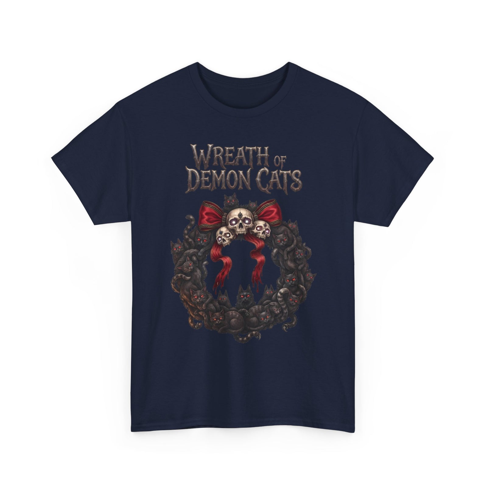 Wreath Of Demon Cats T-Shirt — Gothic Black Cat Skull Wreath Tee
