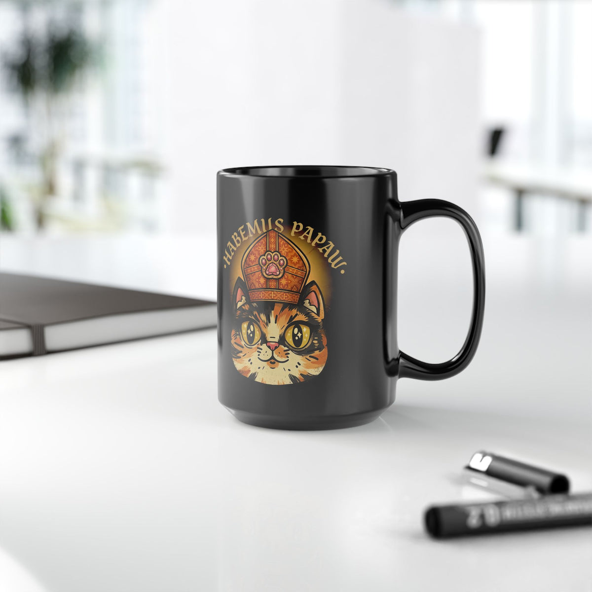 Funny 'Habemus Papaw' Catholic Kitten Black Mug — Pope Cat Graphic Mug