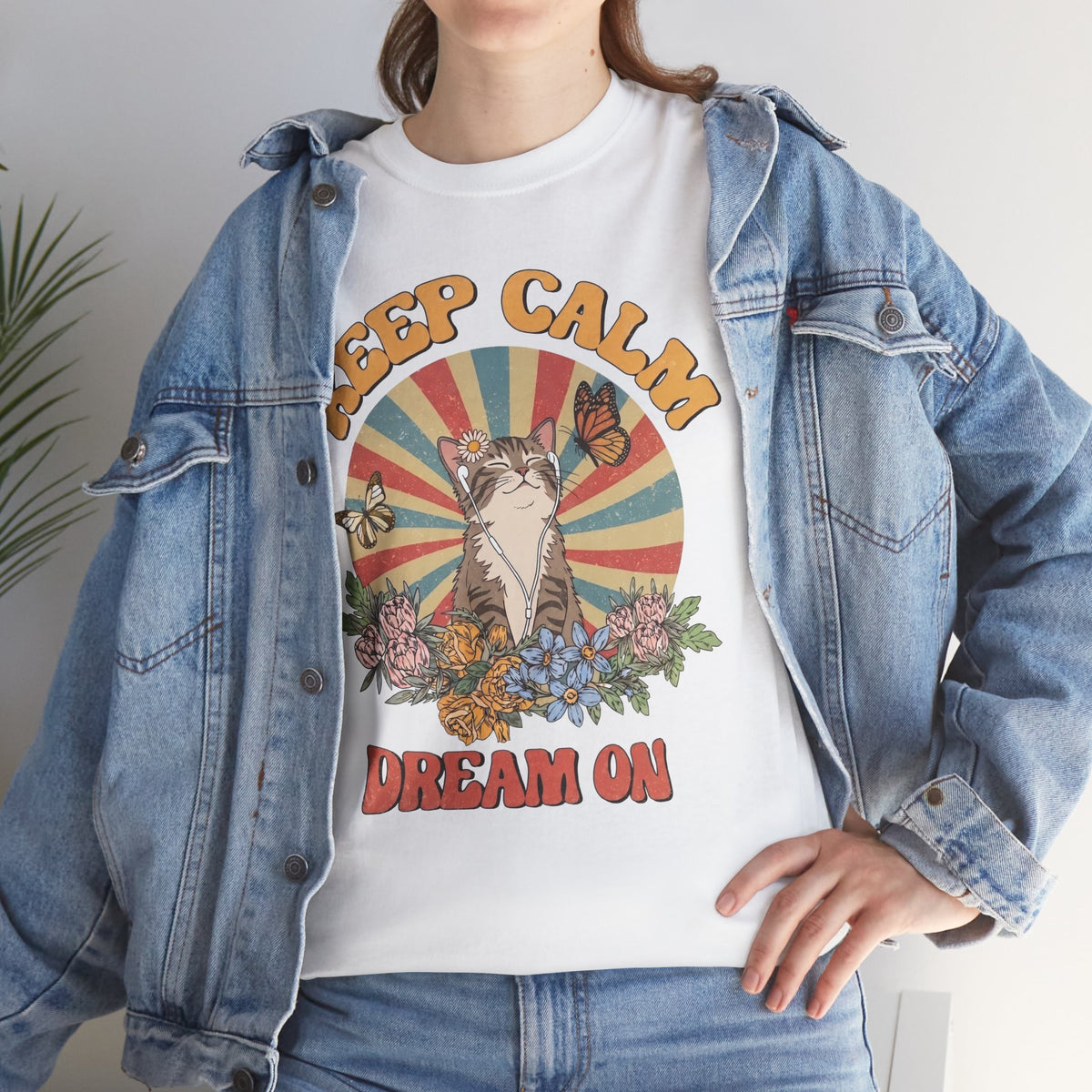 Keep Calm Dream On Cat T-Shirt — Retro 70s Hippie Feline Graphic