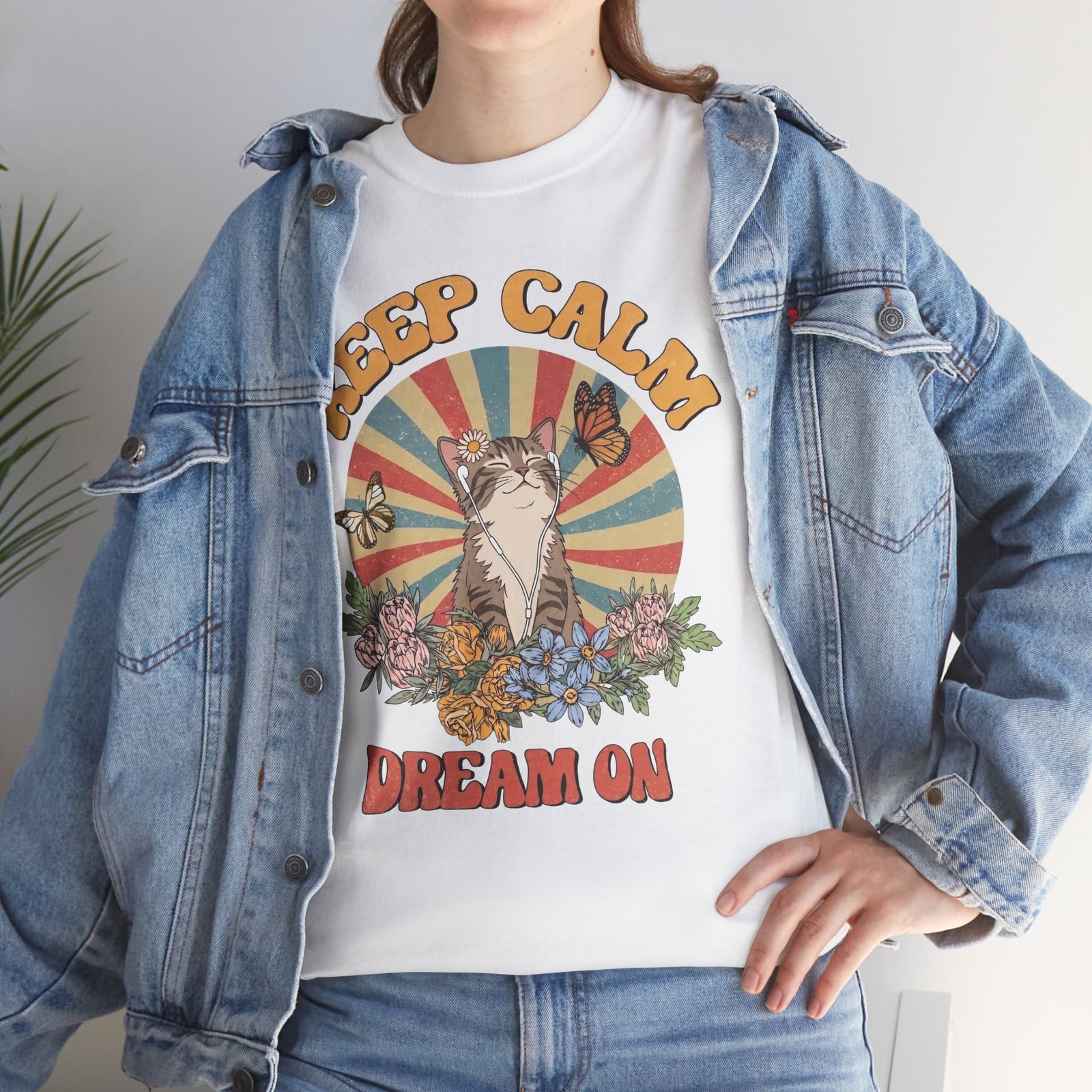 Keep Calm Dream On Cat T-Shirt — Retro 70s Hippie Feline Graphic