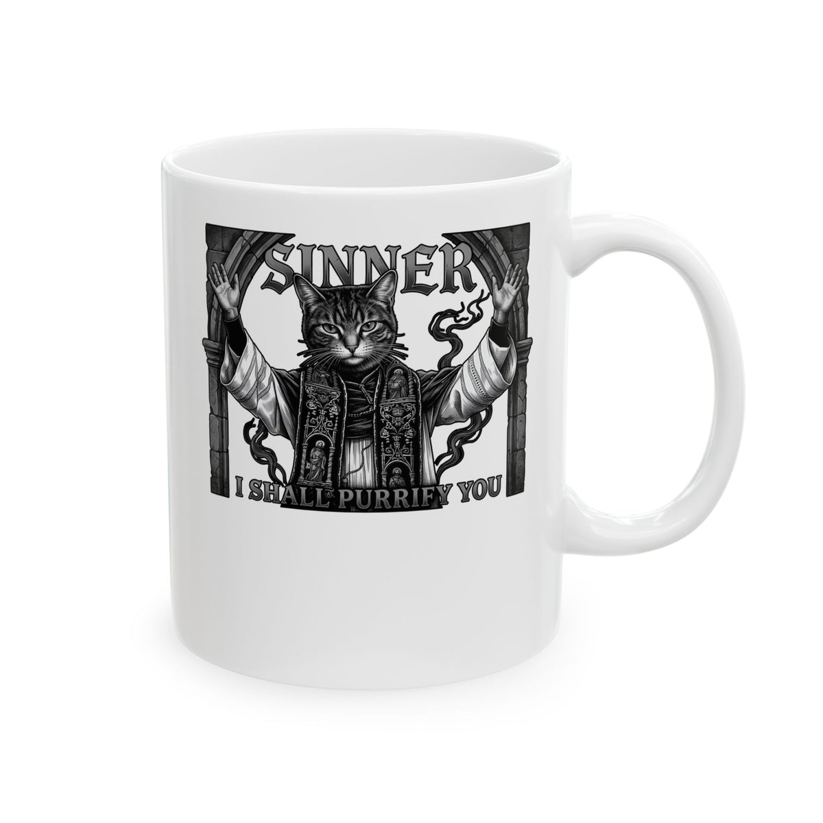 Sinner Shall I Purrify You Cat Mug — 'Purriest' Funny Gothic Cat Mug