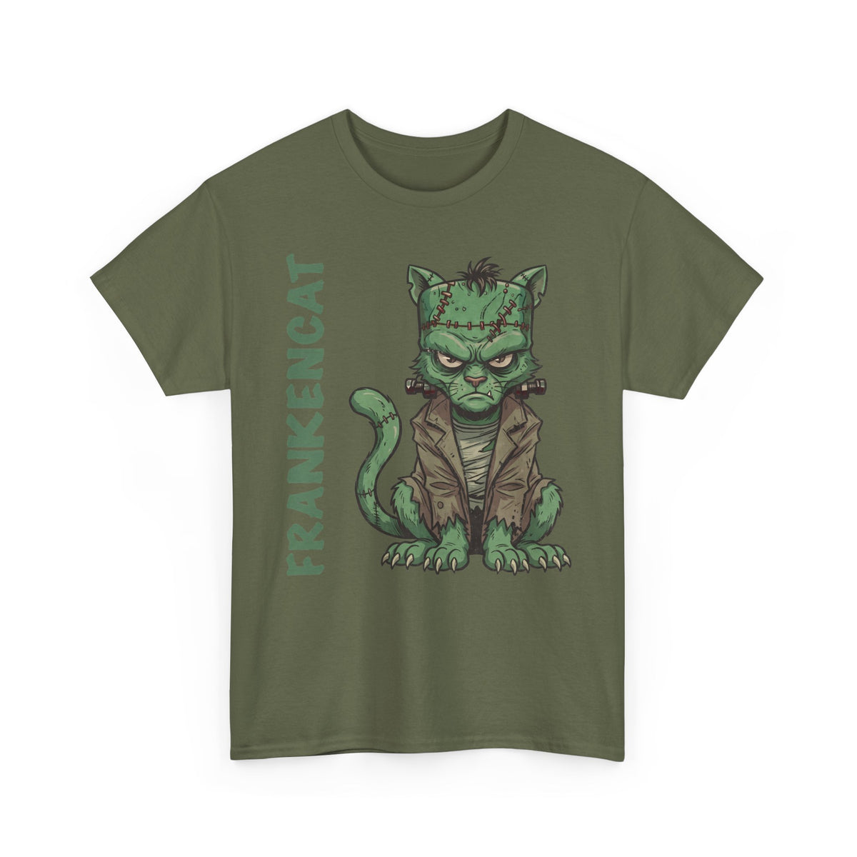 Funny Frankencat Halloween T-Shirt — Green Monster Cat Graphic Apparel