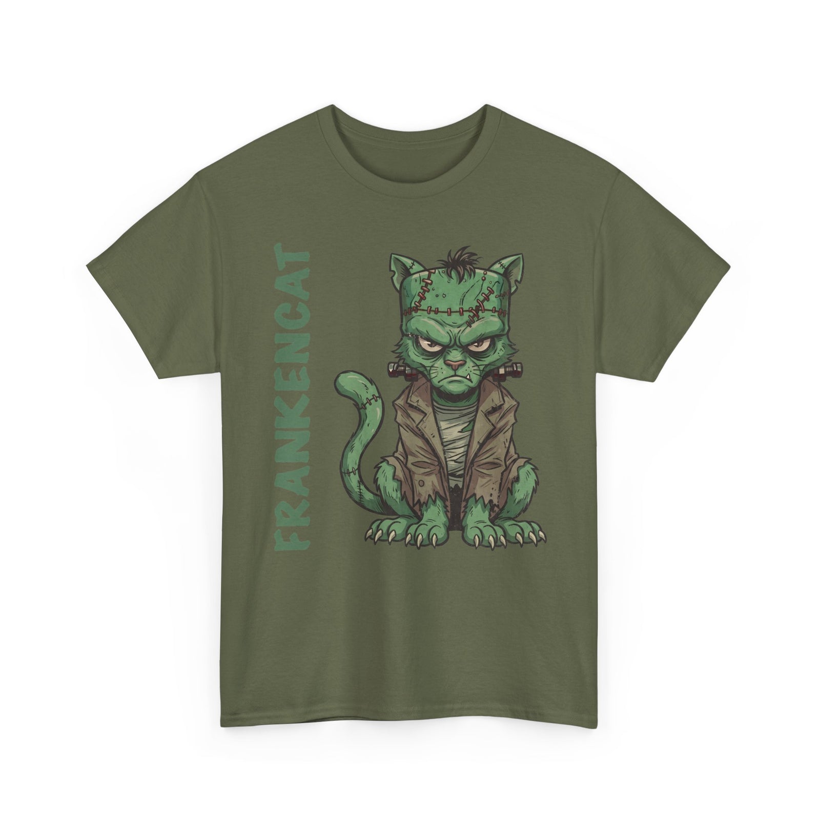 Funny Frankencat Halloween T-Shirt — Green Monster Cat Graphic Apparel