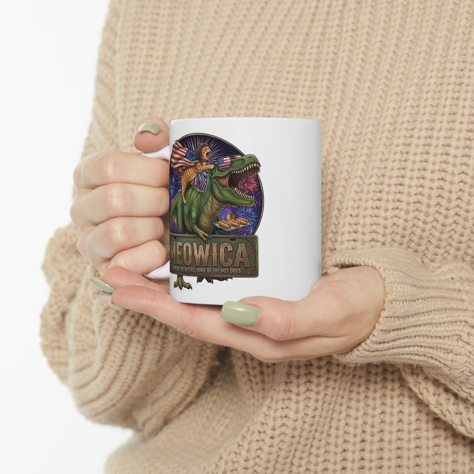 4th of July Cat Riding T‑Rex T‑Mug "Meowica: Land of the Kitties" Patriotic Graphic