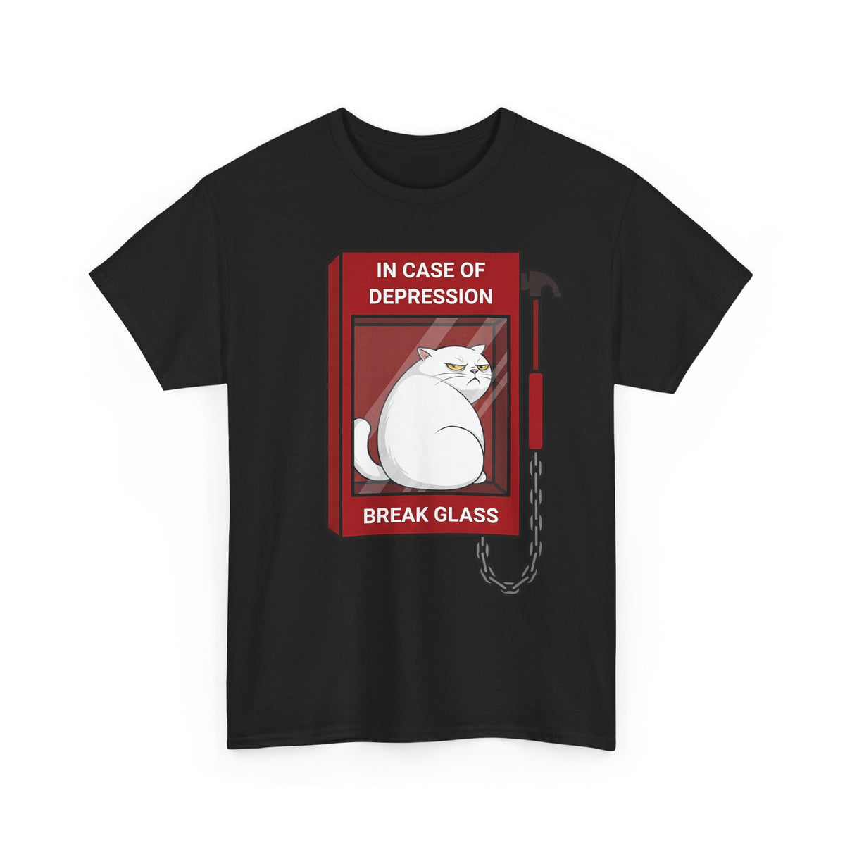 In Case Of Depression Break Glass T-Shirt — Funny Grumpy White Cat Emergency Tee