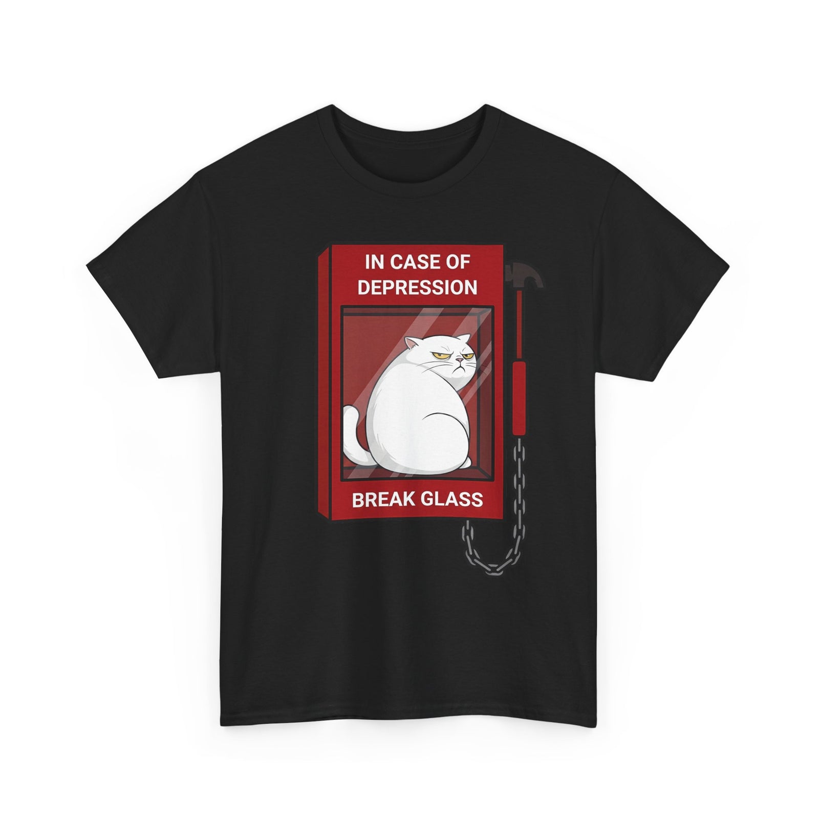 In Case Of Depression Break Glass T-Shirt — Funny Grumpy White Cat Emergency Tee