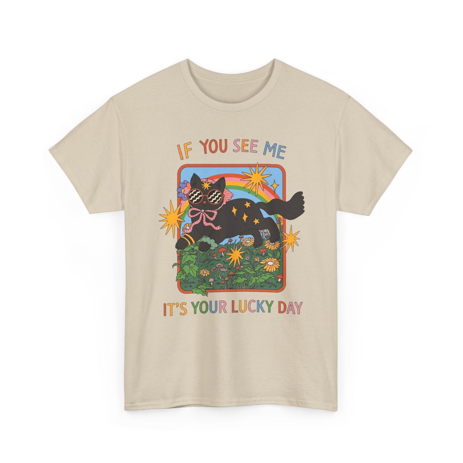 If You See Me It's Your Lucky Day T-Shirt — Retro Groovy Black Cat Rainbow Graphic Tee