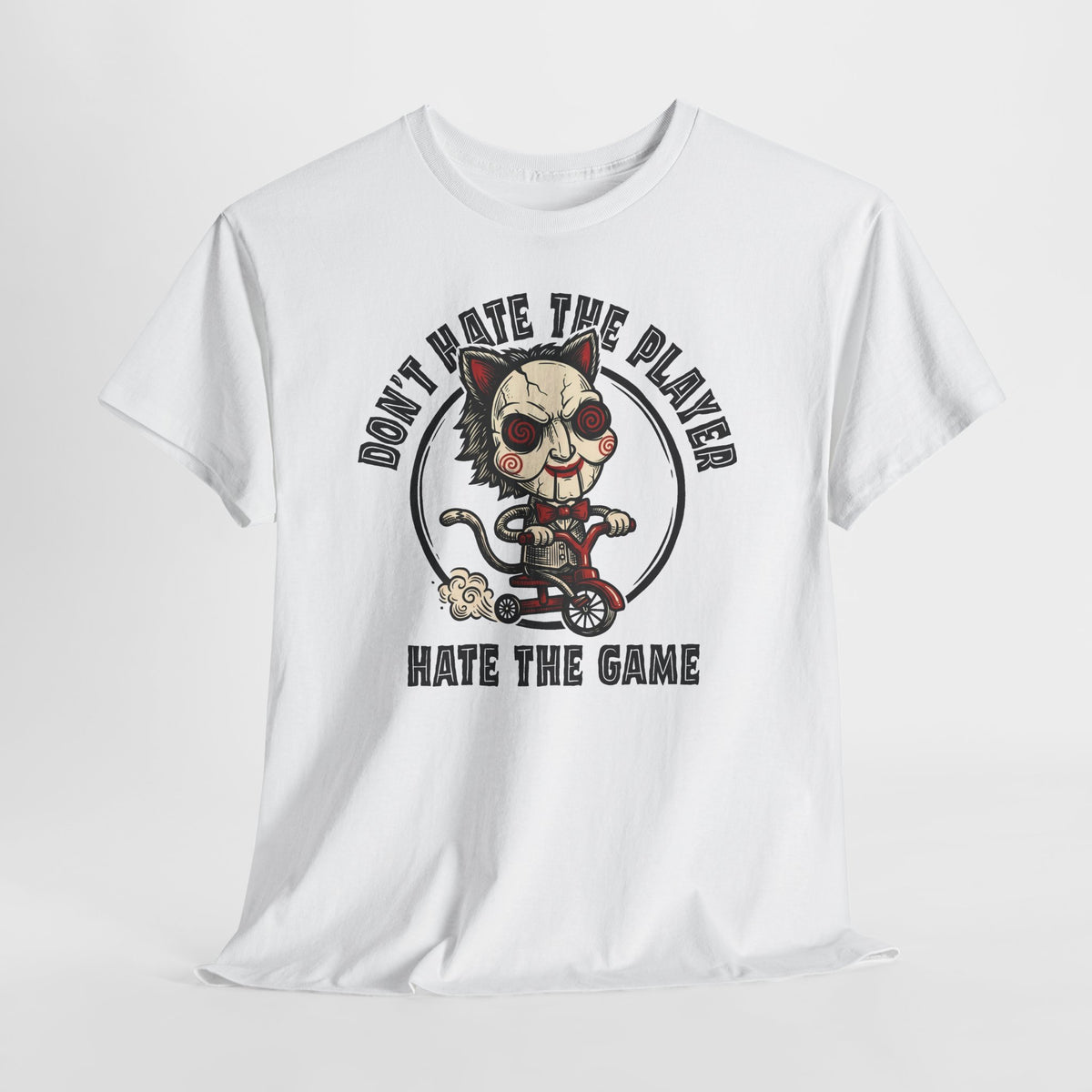 Don't Hate The Player Hate The Game SAW Cat T-Shirt — Funny Jigsaw Puppet Tee