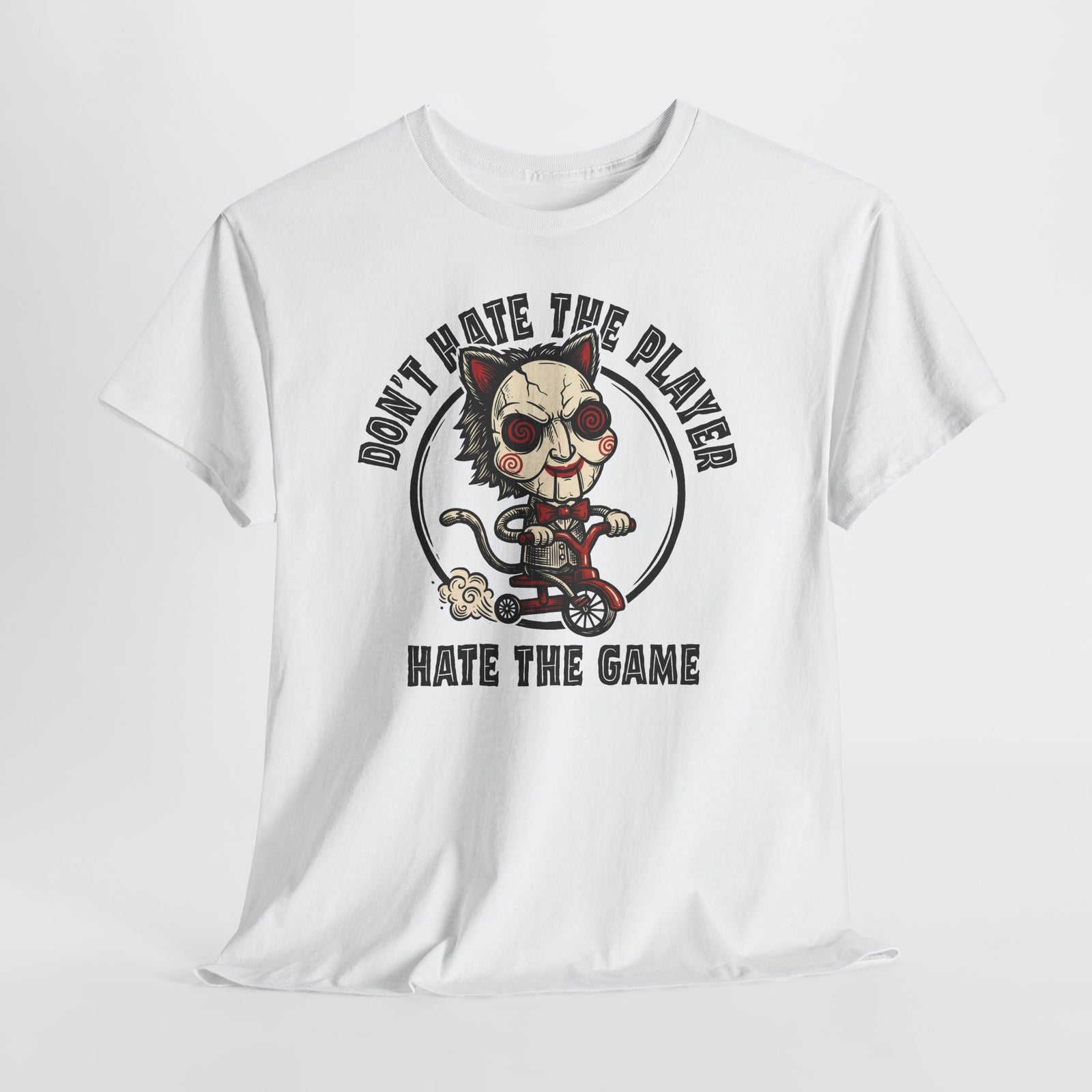 Don't Hate The Player Hate The Game SAW Cat T-Shirt — Funny Jigsaw Puppet Tee
