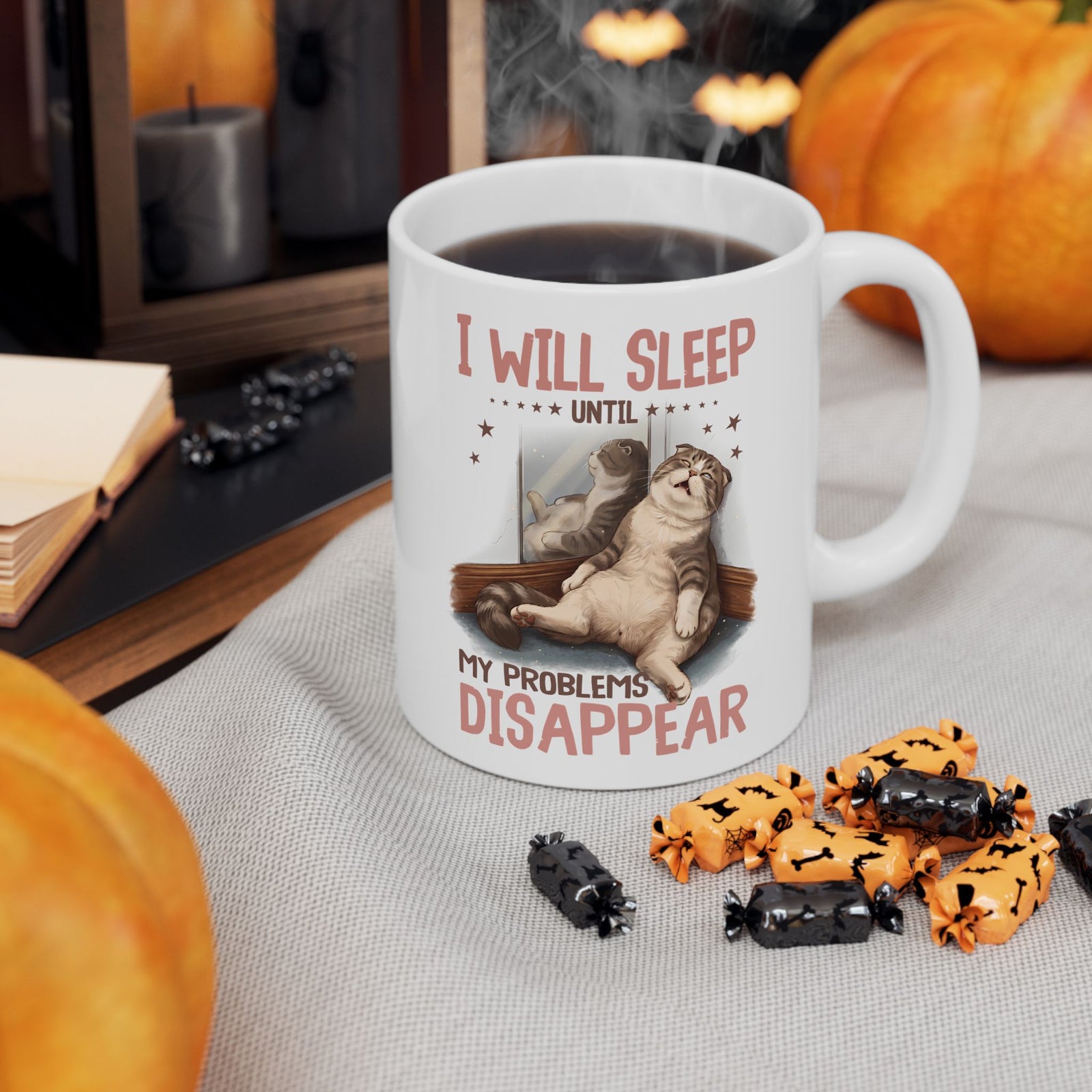 I Will Sleep Until My Problems Disappear Ceramic Mug — Funny Lazy Cat Graphic Mug