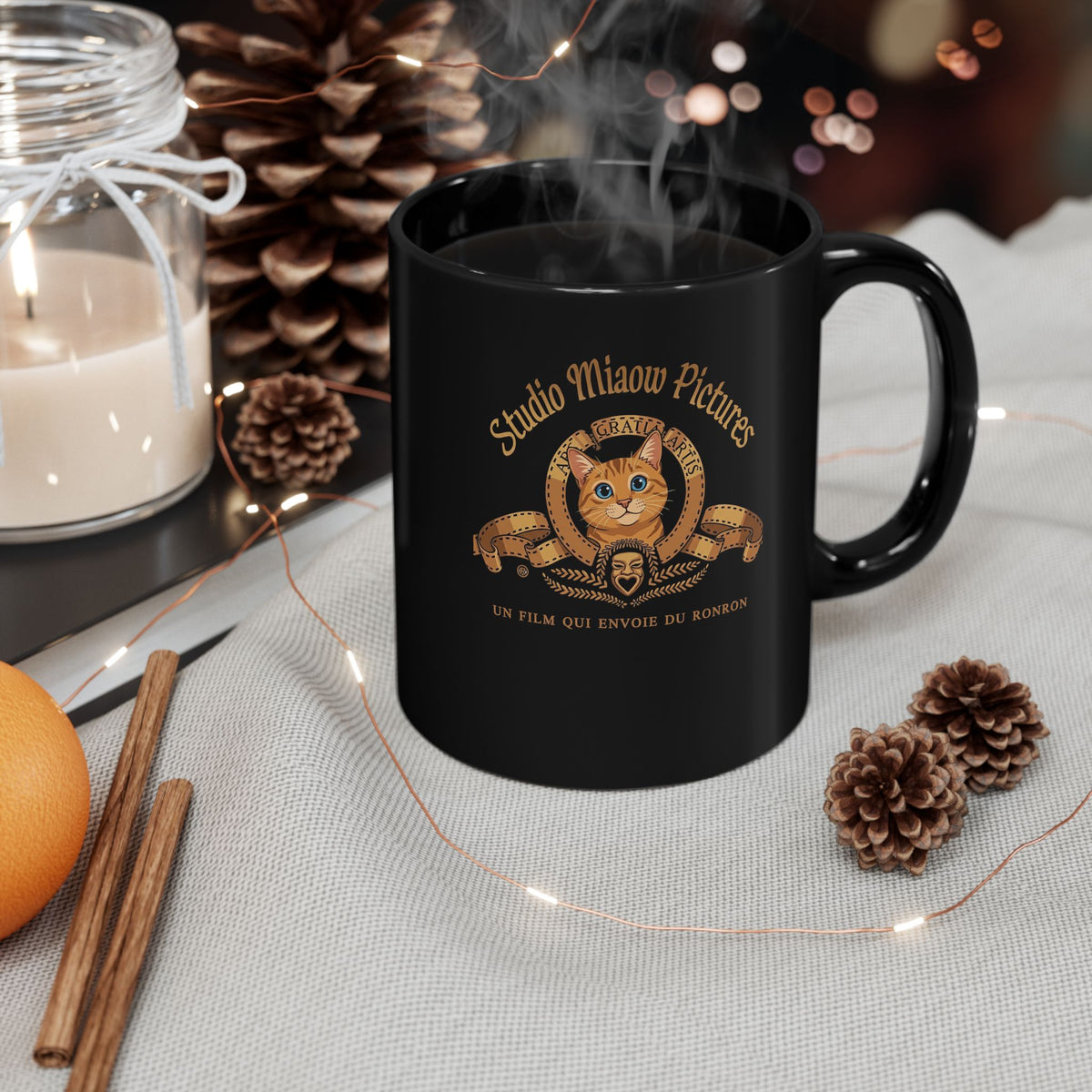 Retro Movie Lion Parody Cat Black Mug — Studio Miaow Pictures