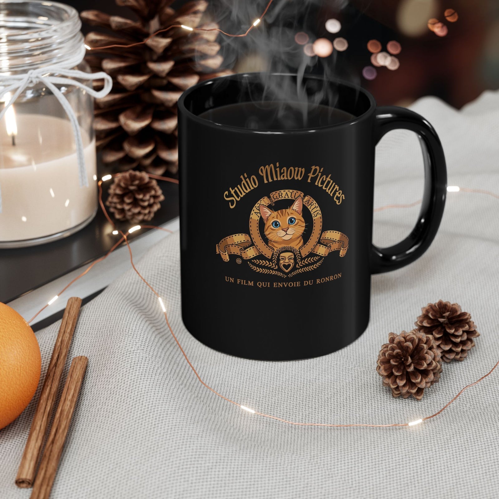 Retro Movie Lion Parody Cat Black Mug — Studio Miaow Pictures