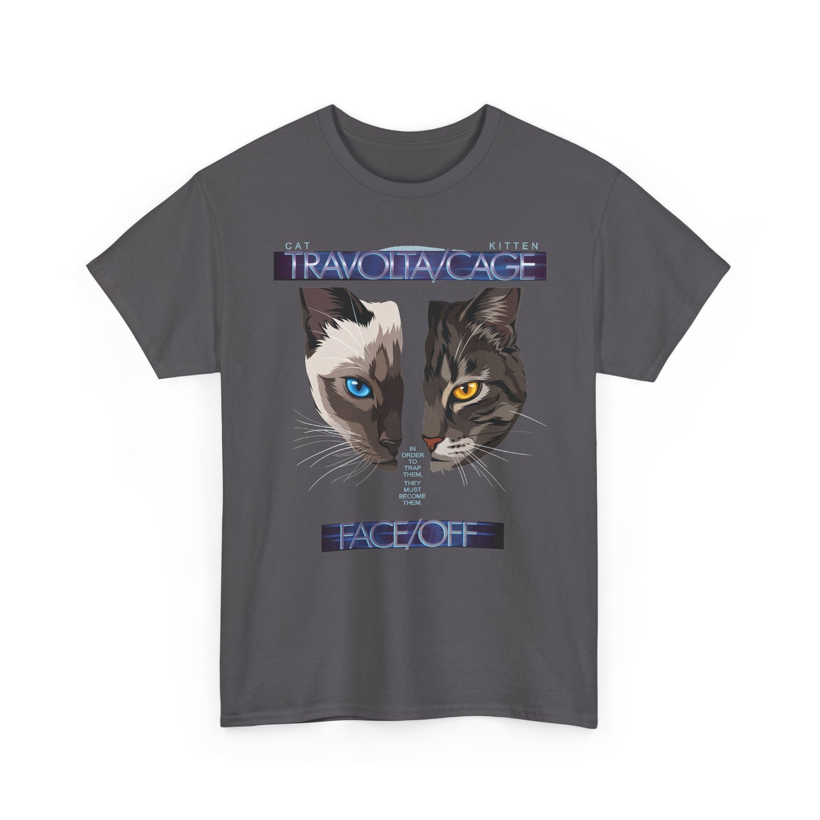 Face/Off Cat Tee — "Travolta/Cage" Split-Face Retro Movie Parody T-Shirt