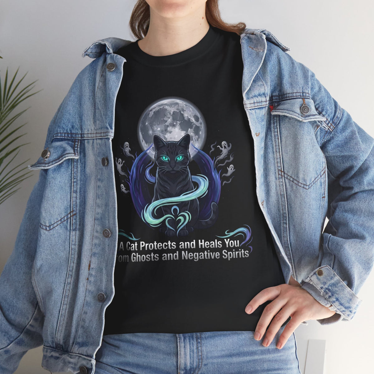 Protective Cat Tee — "A Cat Protects and Heals You From Ghosts and Negative Spirits"
