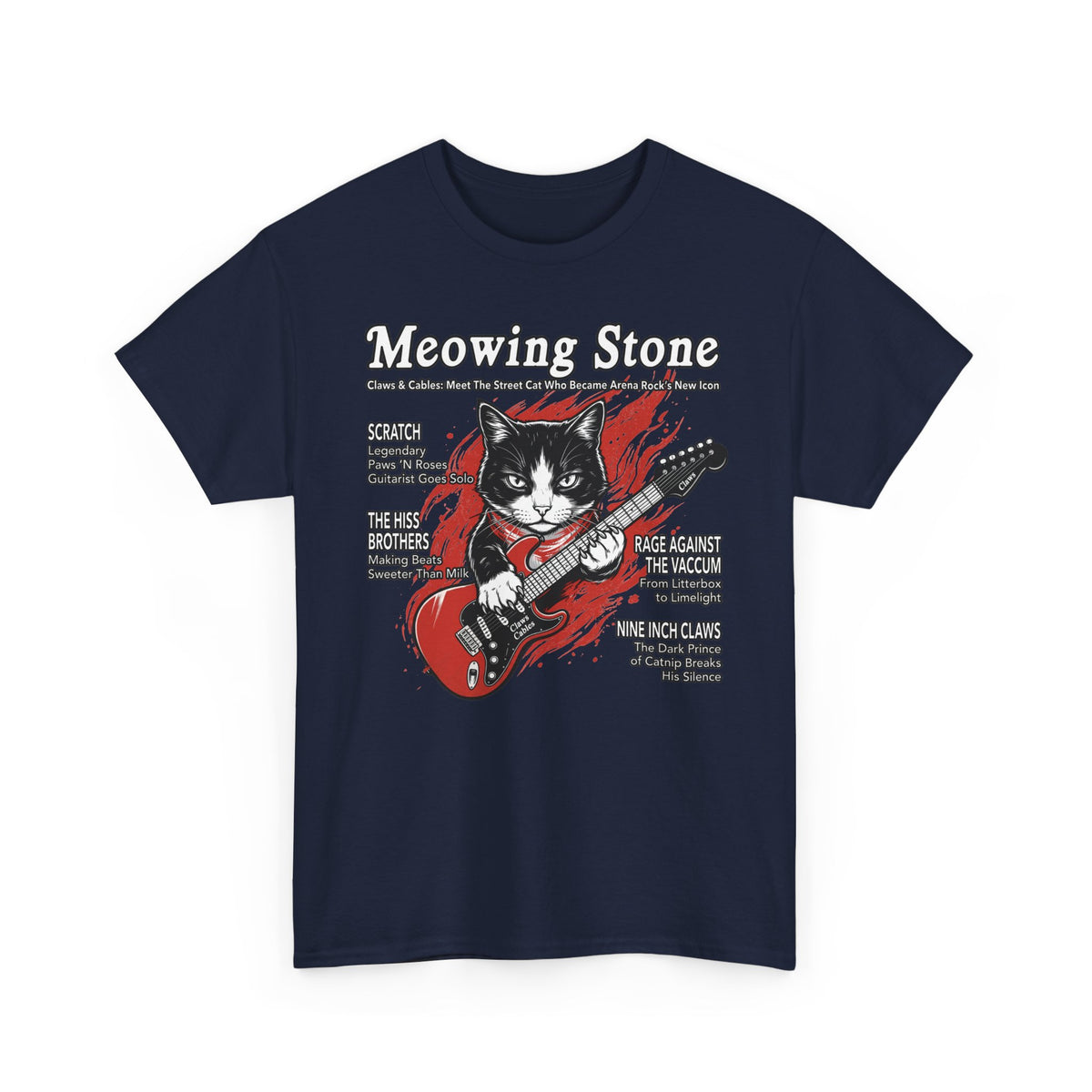 Meowing Stone Guitar Cat T-Shirt — Rock Band Cat Graphic Tee
