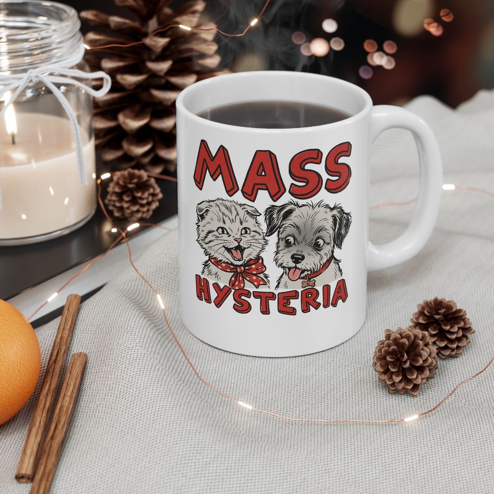 Cat & Dog Mass Hysteria Mug Funny Puppy & Kitten Line Art Ceramic Mug
