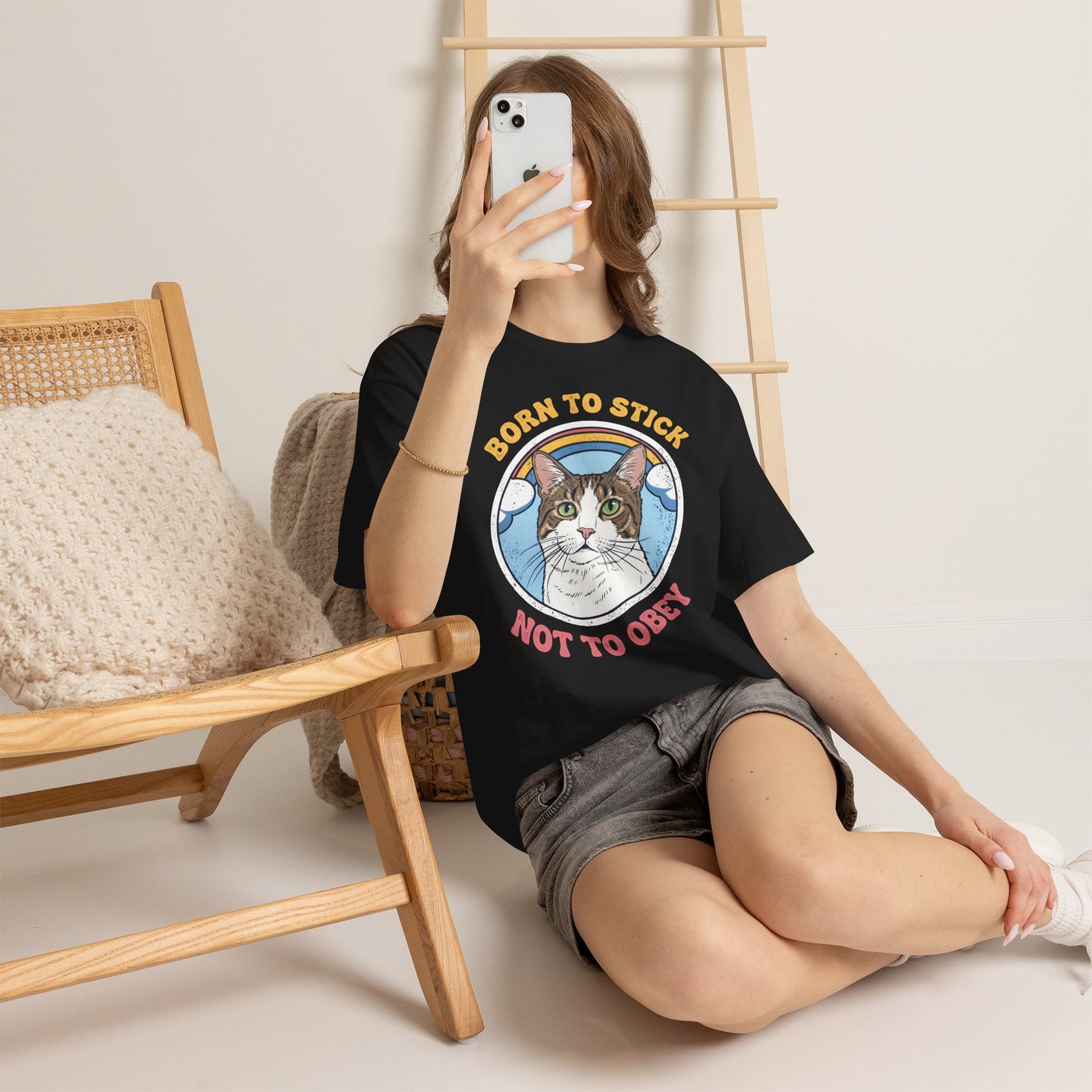 Born To Stick Not To Obey T-Shirt — Retro Rainbow Cat Graphic Tee