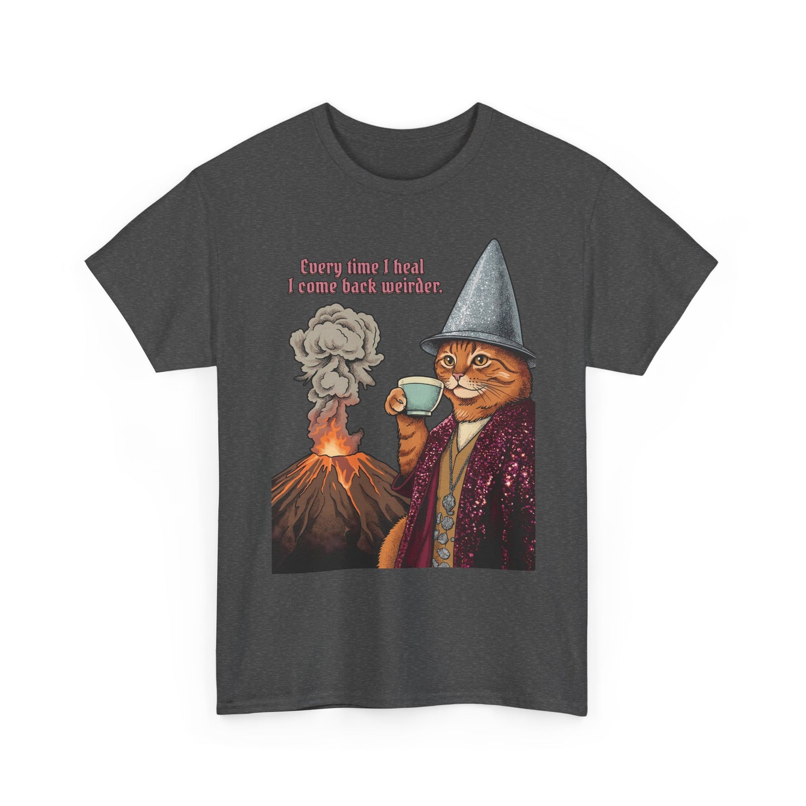 Weird Healing Journey Cat T-Shirt — Retro Feline Tea Time Aesthetic Shirt