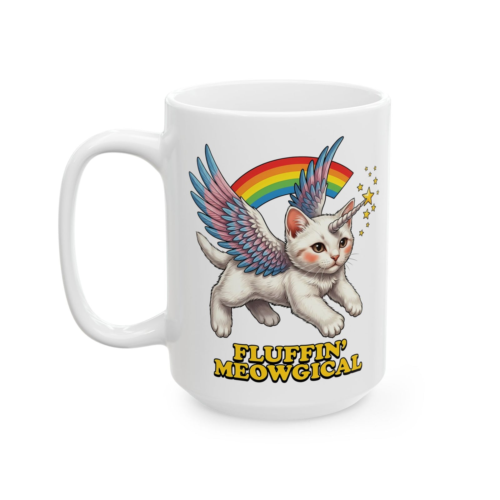 Fluffin' Meowgical Cat Ceramic Mug — Cute Unicorn Kitten Graphic