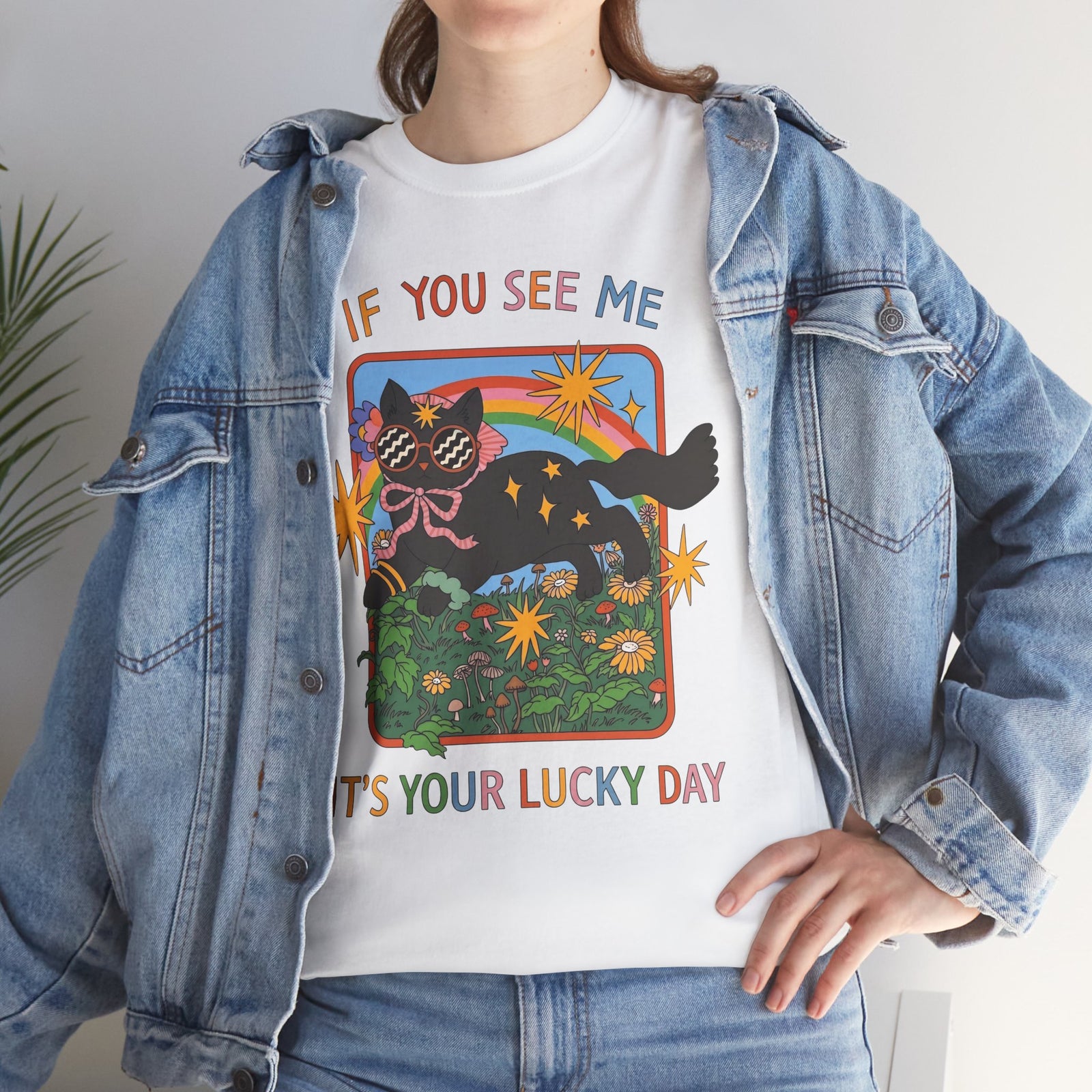 If You See Me It's Your Lucky Day T-Shirt — Retro Groovy Black Cat Rainbow Graphic Tee