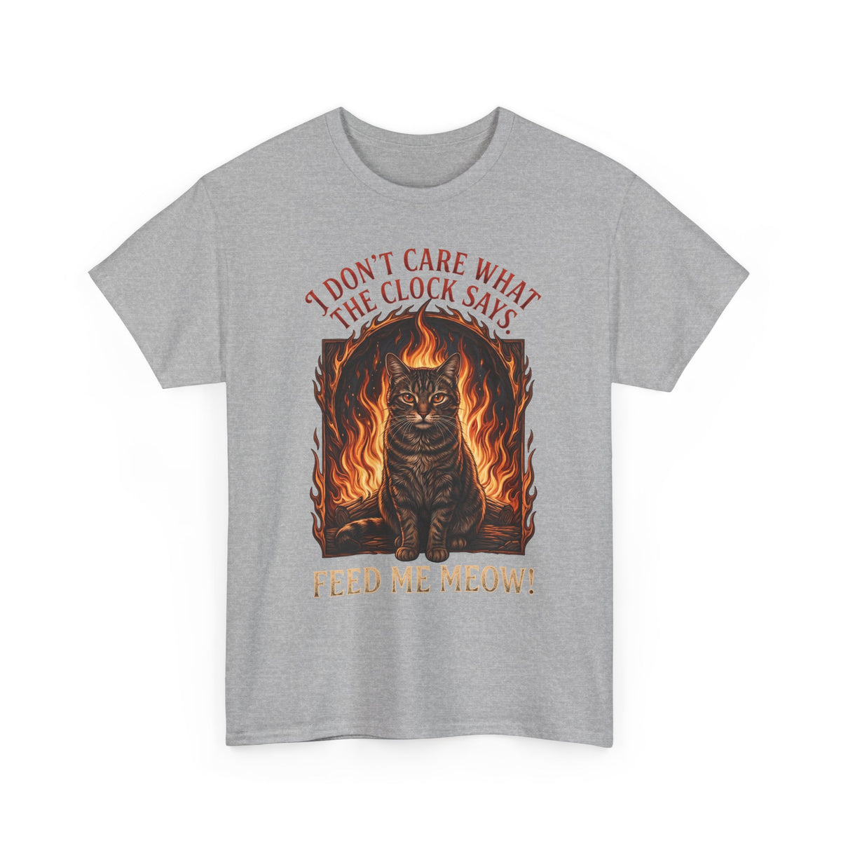 Feed Me Meow T-Shirt — Funny Hungry Tabby Cat Fiery Graphic Tee