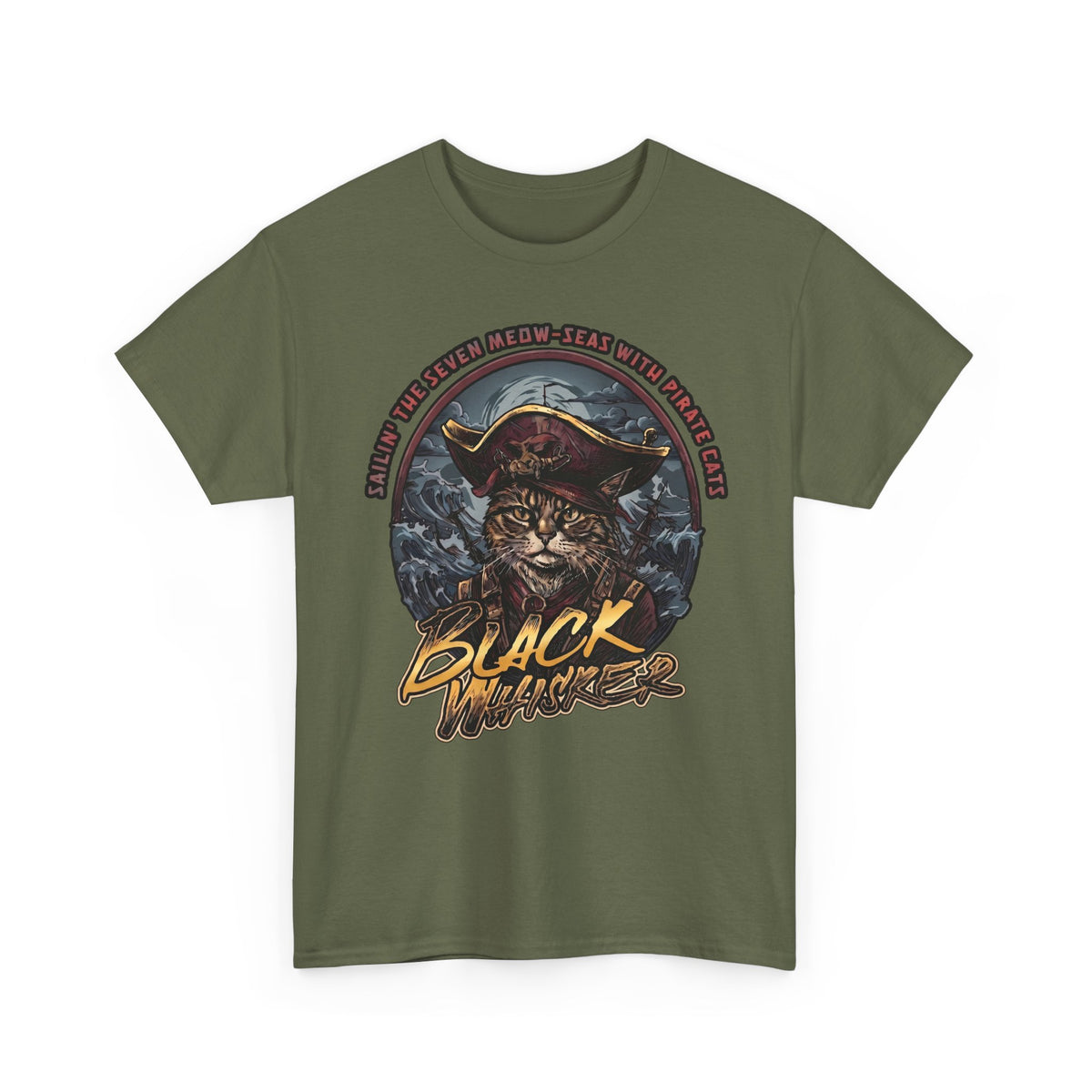 Black Whisker Pirate Cat T-Shirt — Funny Nautical Seven Meow-Seas Tee