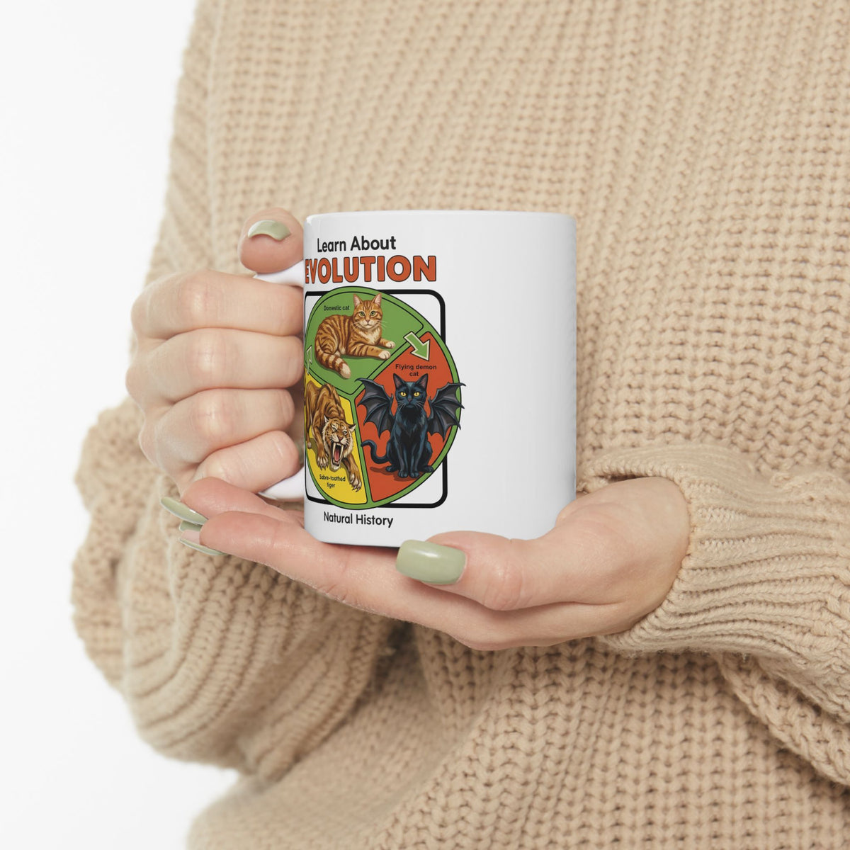 Learn About Evolution Cat Ceramic Mug — Funny Science Natural History Parody Mug