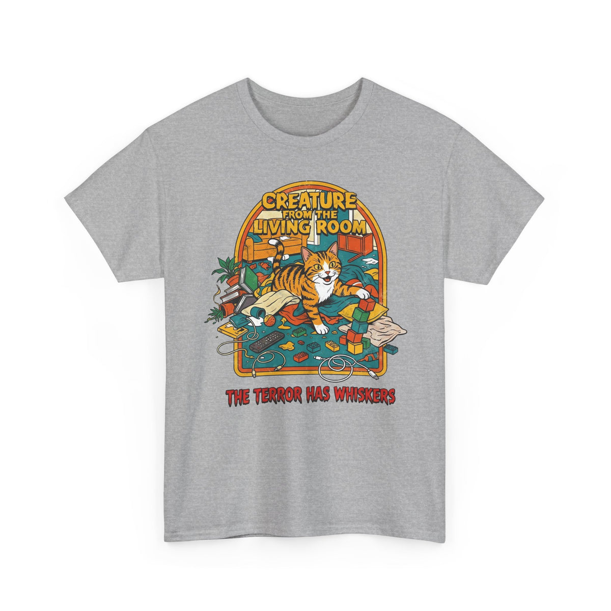 Cozy Living Room Cat Tee — Retro Sunlit Illustration Graphic Shirt