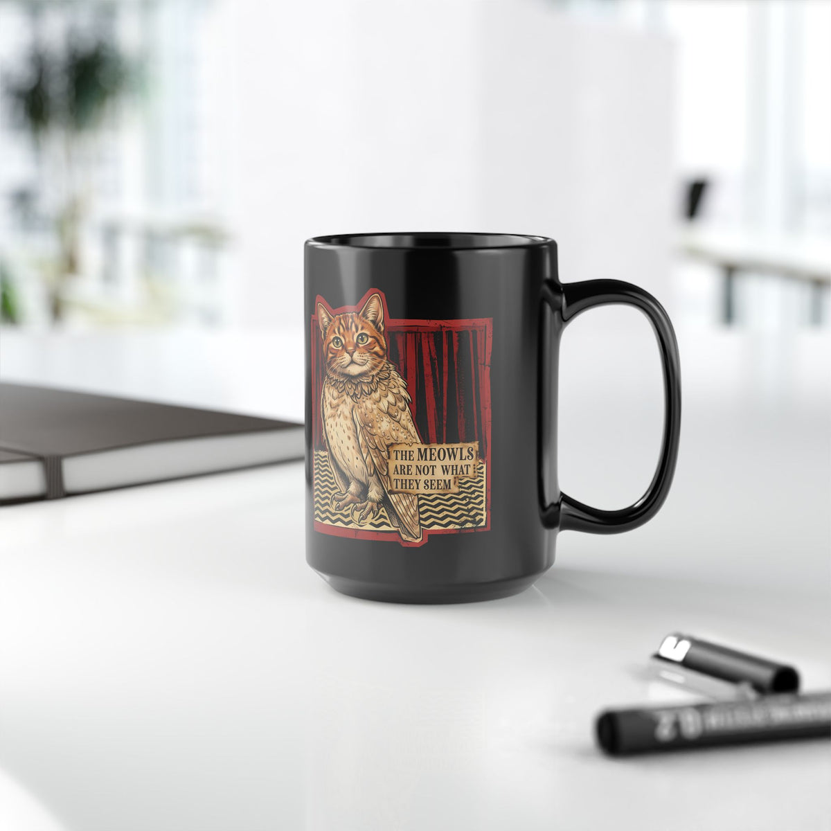 Meowls Are Not What They Seem Black Mug — Mysterious Cat Quote Mug