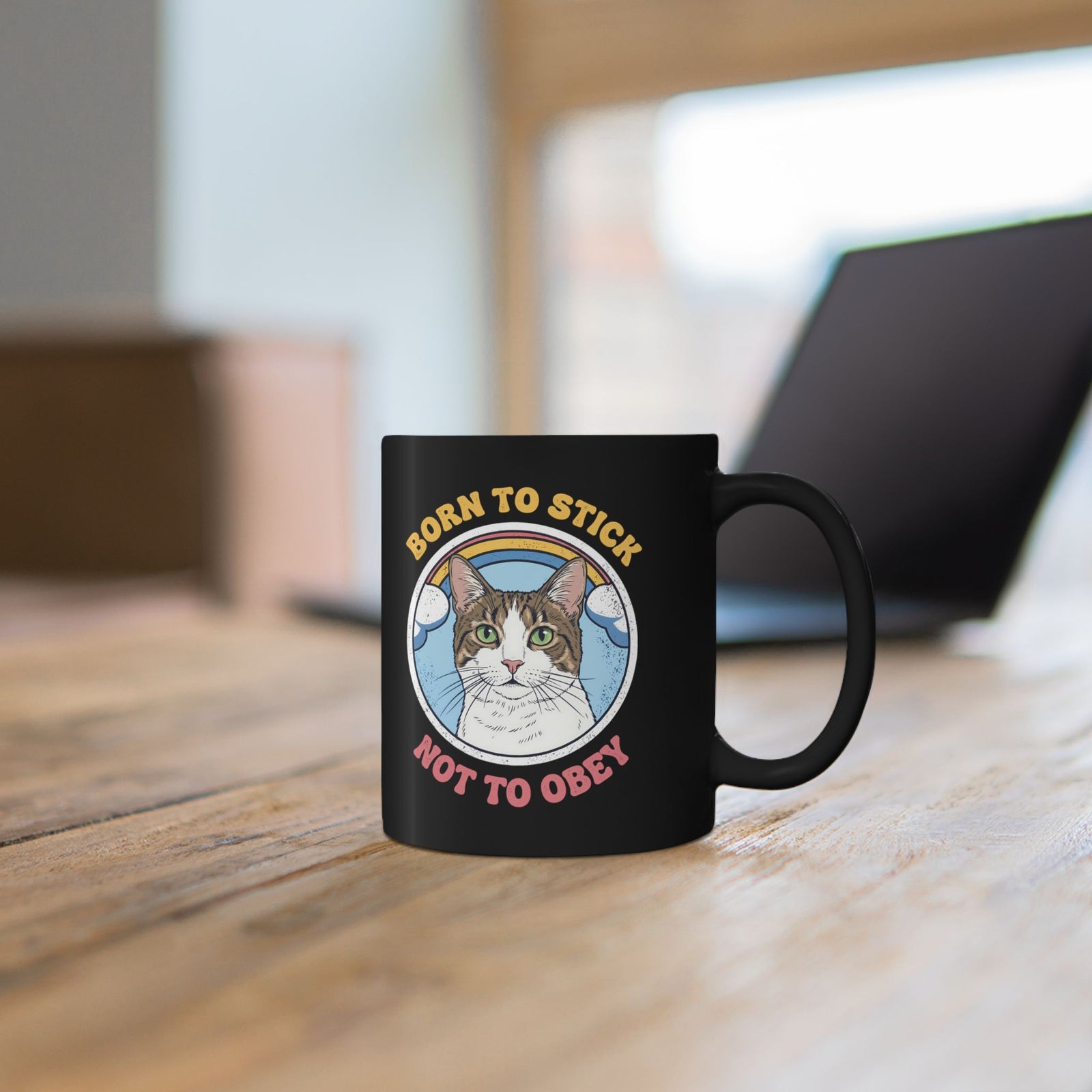 Born To Stick Not To Obey Black Mug — Retro Rainbow Cat Graphic Mug