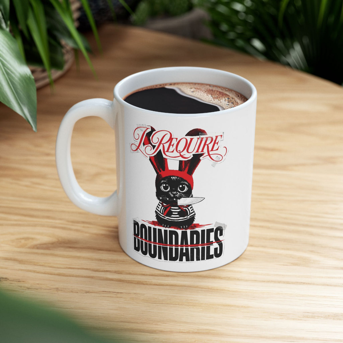 I Require Boundaries Ceramic Mug — Funny Creepy Cute Cat Knife Mug