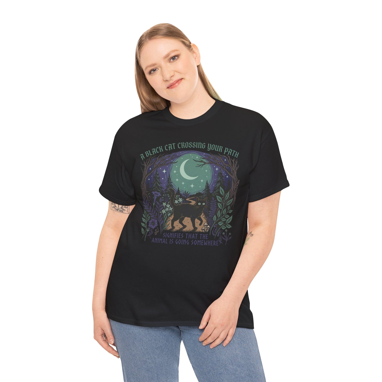 Black Cat Crossing Your Path Tee — Whimsical Moonlit Forest Cat Shirt