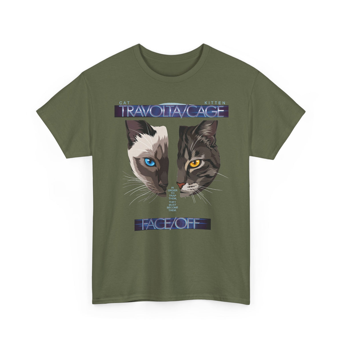 Face/Off Cat Tee — "Travolta/Cage" Split-Face Retro Movie Parody T-Shirt