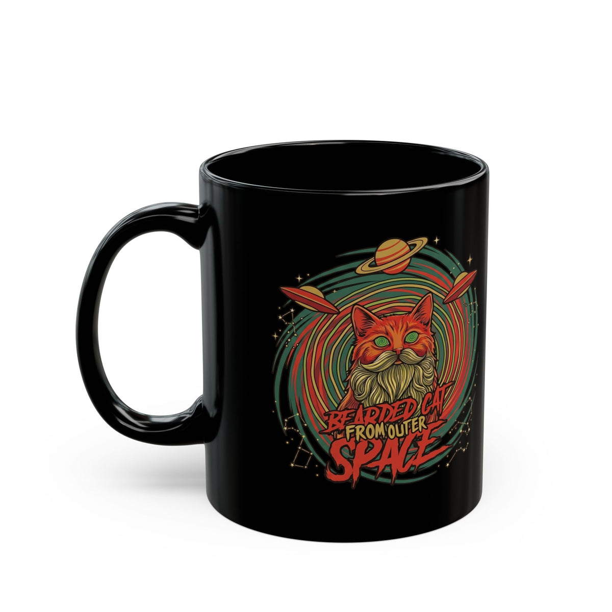 Bearded Cat from Outer Space Black Mug