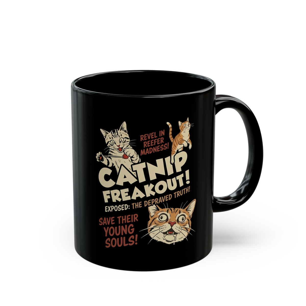 Catnip Freakout Black Mug — Funny Cat Lover Mug