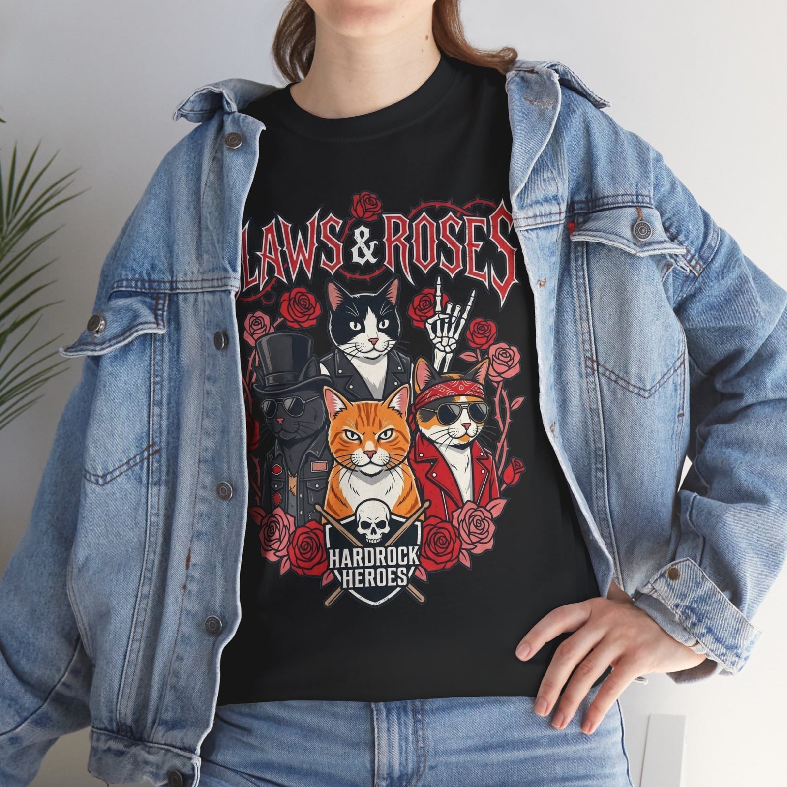 Claws & Roses Cat Band Tee - Rock 'N' Roll Feline Graphic T-Shirt