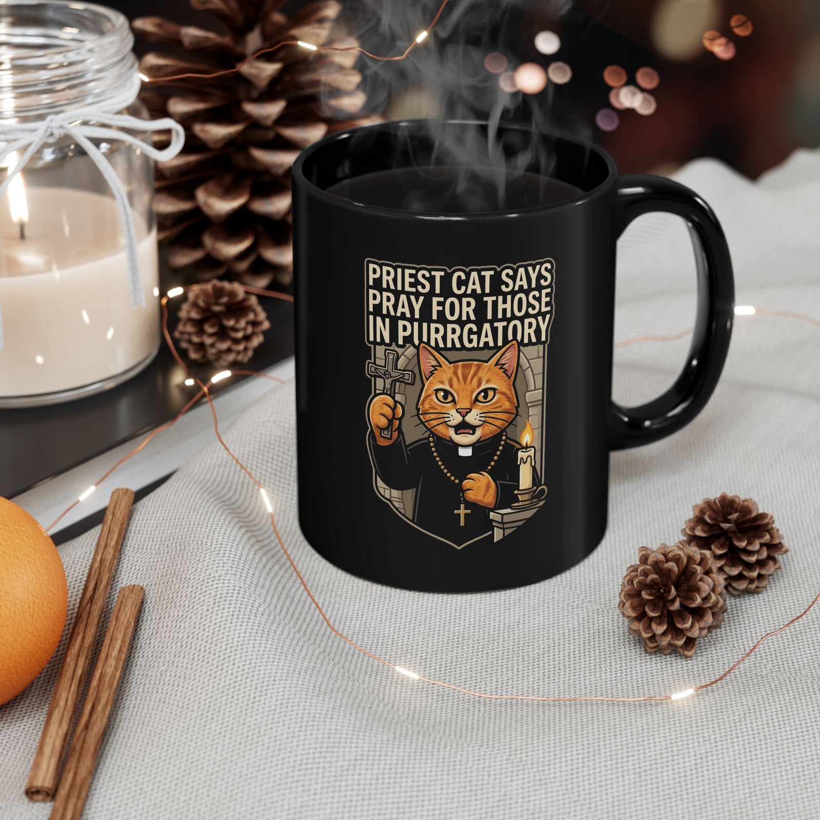Priest Cat 'Pray For Those In Purratory' Black Mug