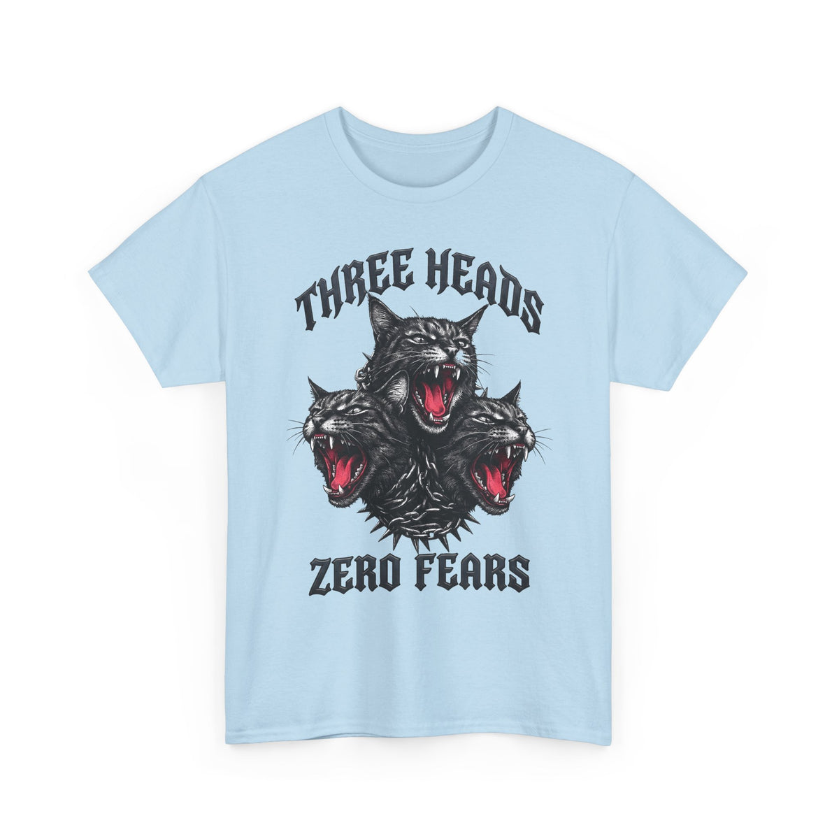 Three Heads Zero Fears Cerberus Cat Shirt — Gothic Metal Feline T-Shirt