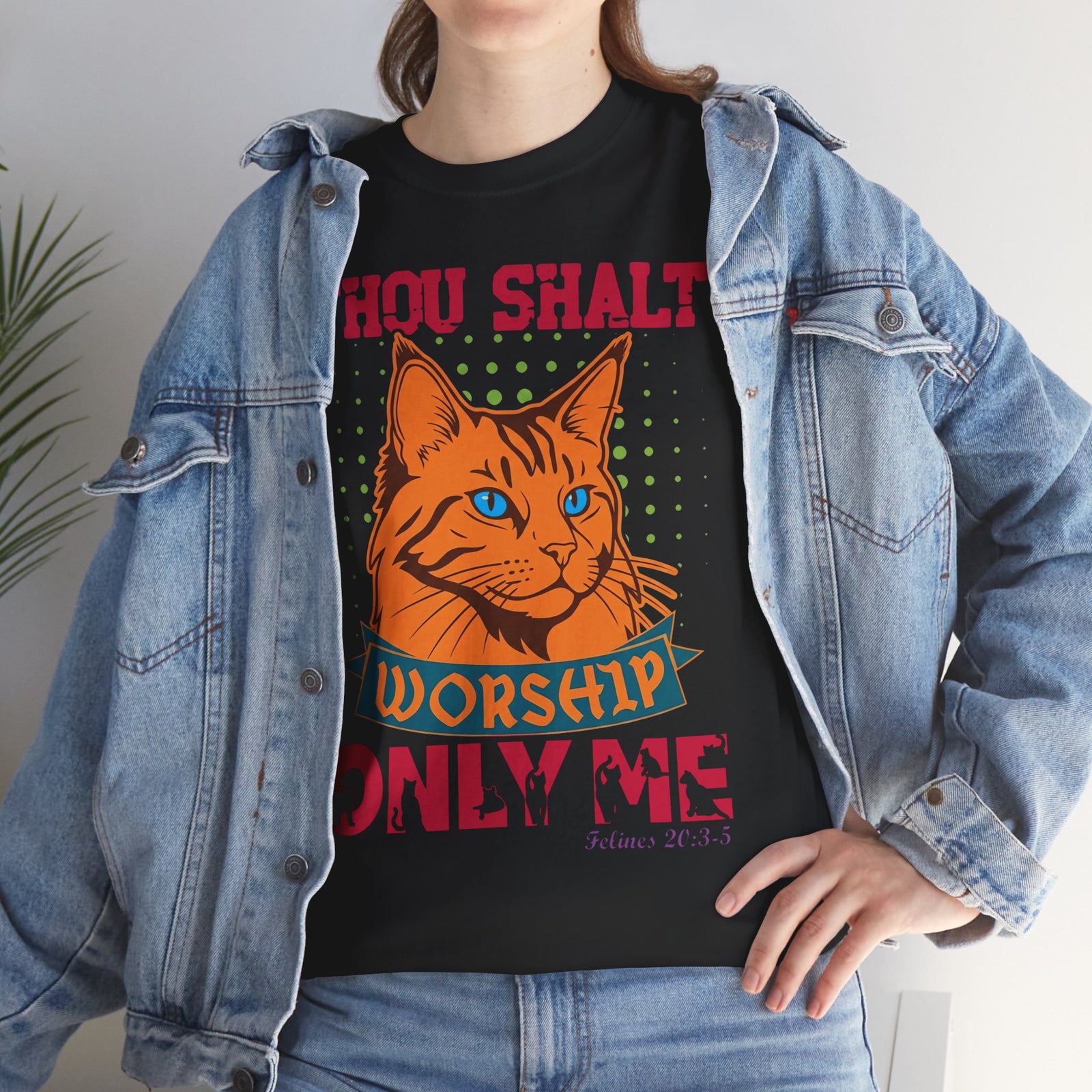 Cat Worship T-Shirt — "Thou Shalt Worship Only Me" Retro Orange Cat Tee