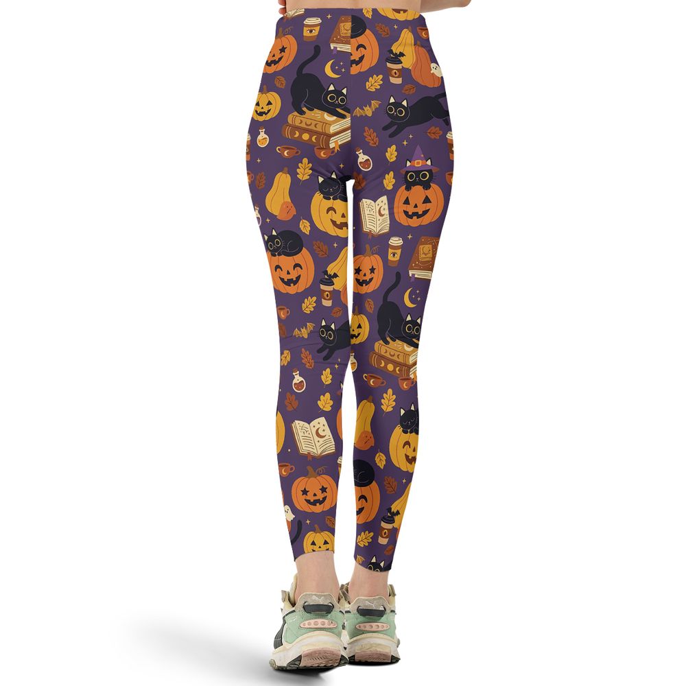 Purple Spooky Black Cat & Pumpkin Magic Full Print Legging -  - 3