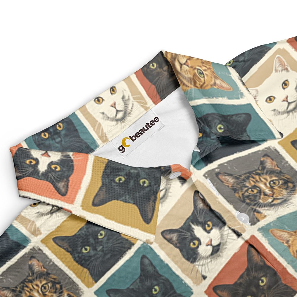 Retro Pop Art Cat Portrait Grid Full Print Polo Shirt -  - 3