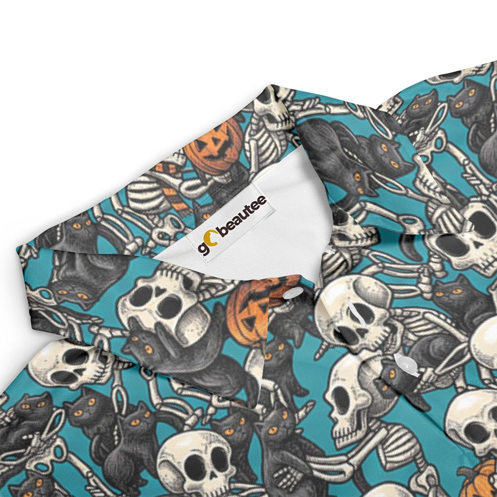 Black Cat Skeleton Halloween Full Print Polo Shirt -  - 3
