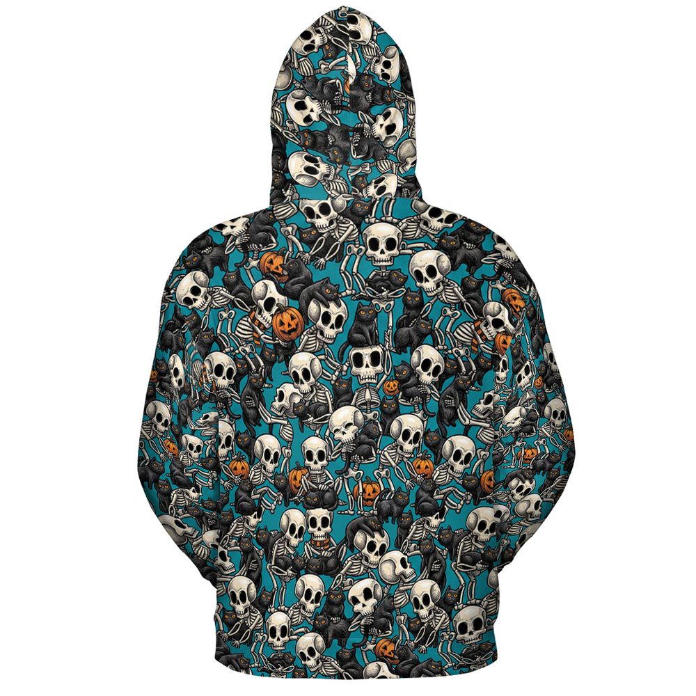 Black Cat Skeleton Halloween Full Print Hoodie -  - 3