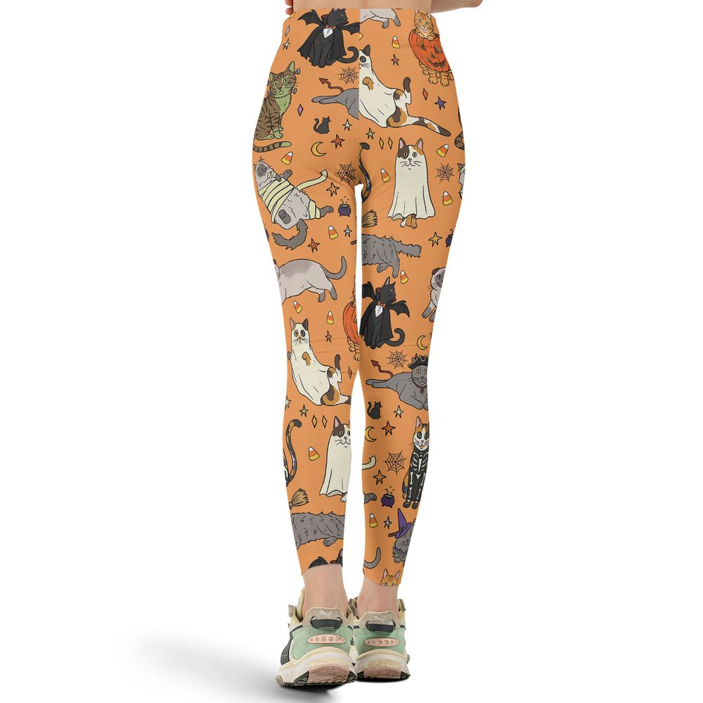 Spooky Orange Halloween Costume Cats Pattern Full Print Legging -  - 3