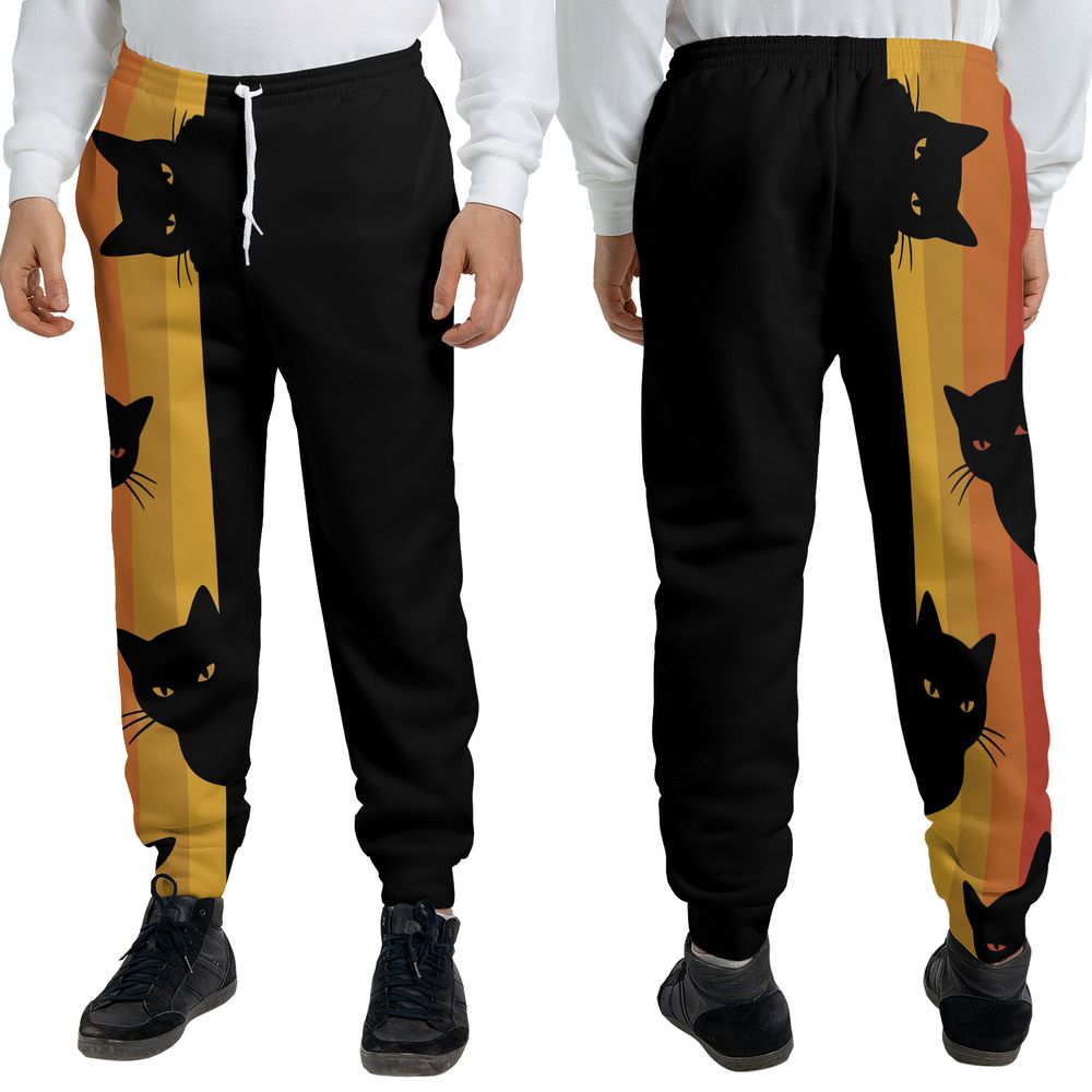 Retro Sunset Peeking Black Cat Sweatpants -  - 3