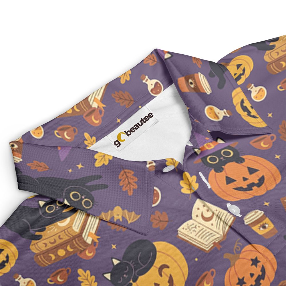 Purple Spooky Black Cat & Pumpkin Magic Full Print Polo Shirt -  - 3